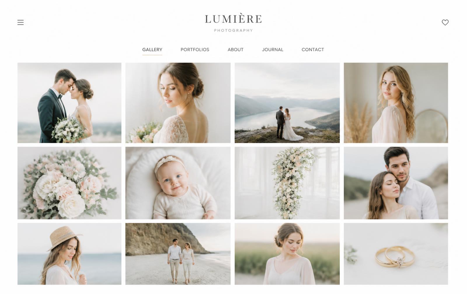 Grid of soft, light wedding and portrait photographs in a client gallery