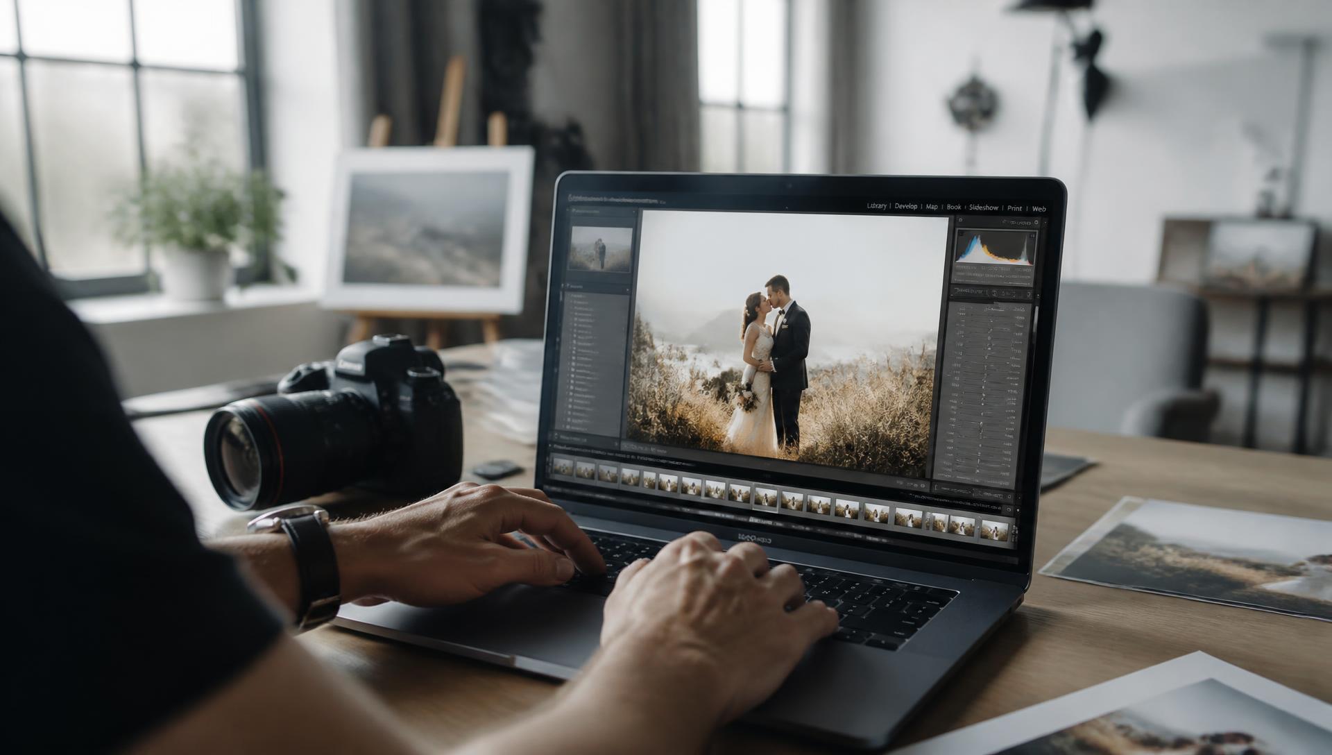 Photographer retouching wedding photographs in a bright studio